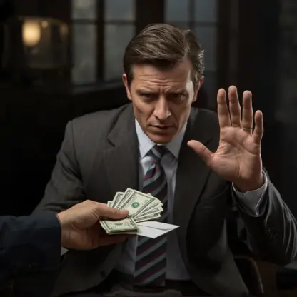 detective privado honesto rechazando aceptar dinero para permanecer callado 